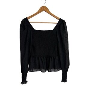 Nine West Womens Top Small Black Swiss Dot Square Neck Smocked Witchy Whimsigoth